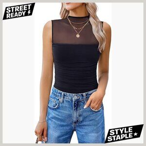 Mock Neck Mesh Bodysuit Ruched Tank Top Shapewear One Piece Sheer